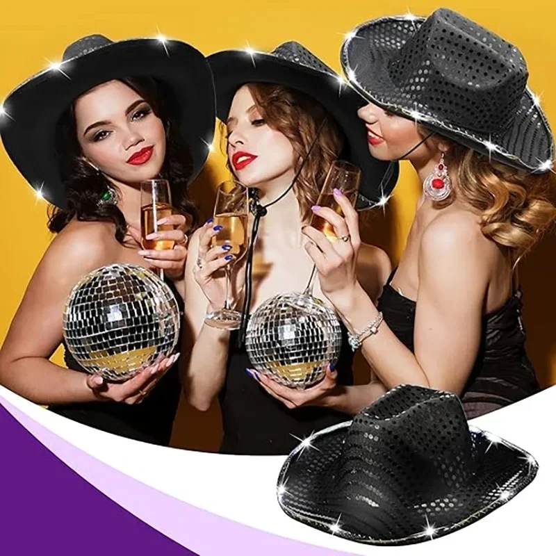 LED Light Up Cowboy Hat Sequin Neon Party Hats for Bachelorette Party Wedding Disco Dance Costume Props 2PCS view 4