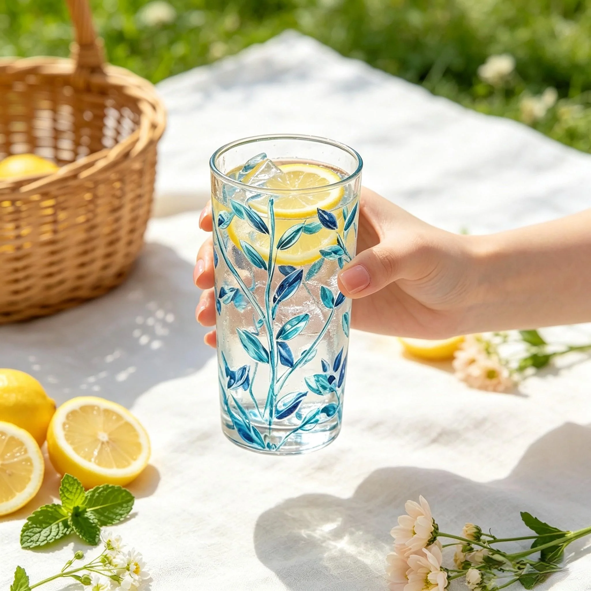 Blue relief vine pattern hand-painted tree branches, light luxury glass cups, milk cups, transparent unisex, holiday gifts view 4