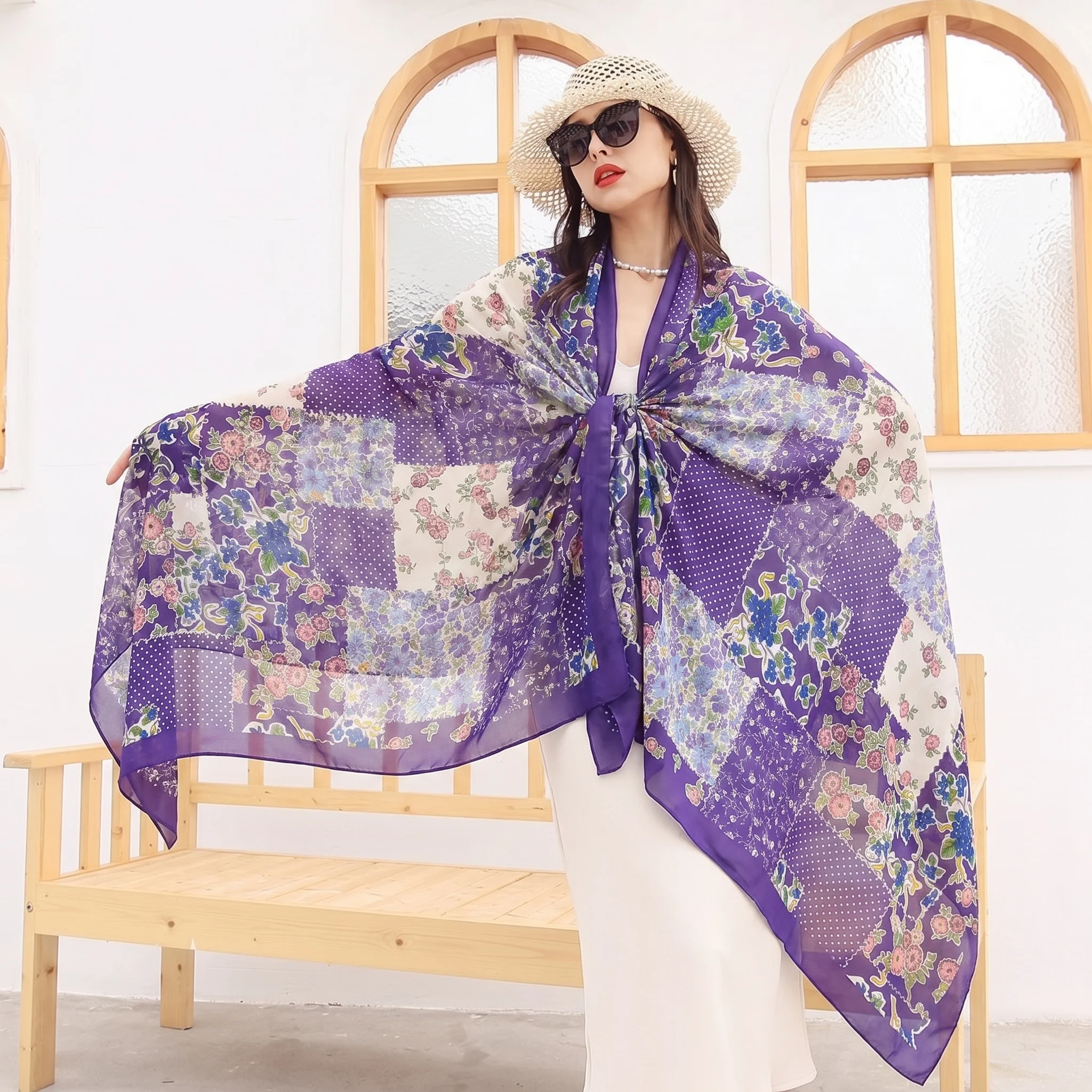 

Purple Floral Print Silk Scarf 245*110cm Women Luxury Satin Square Shawl Beach Wrap Hijab Foulard Neckerchief Fashion Scarf
