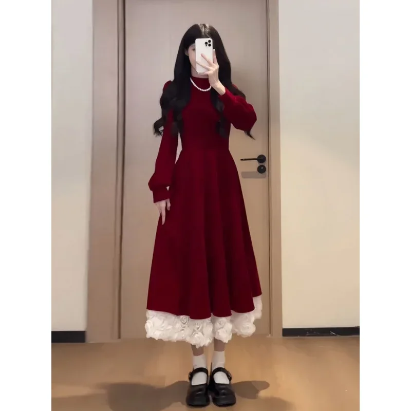 Vestido de Navidad de terciopelo que se pega a la cintura para mujer Otoño Invierno dulce rojo vestido largo antienvejecimiento cuello redondo manga completa hasta el tobillo