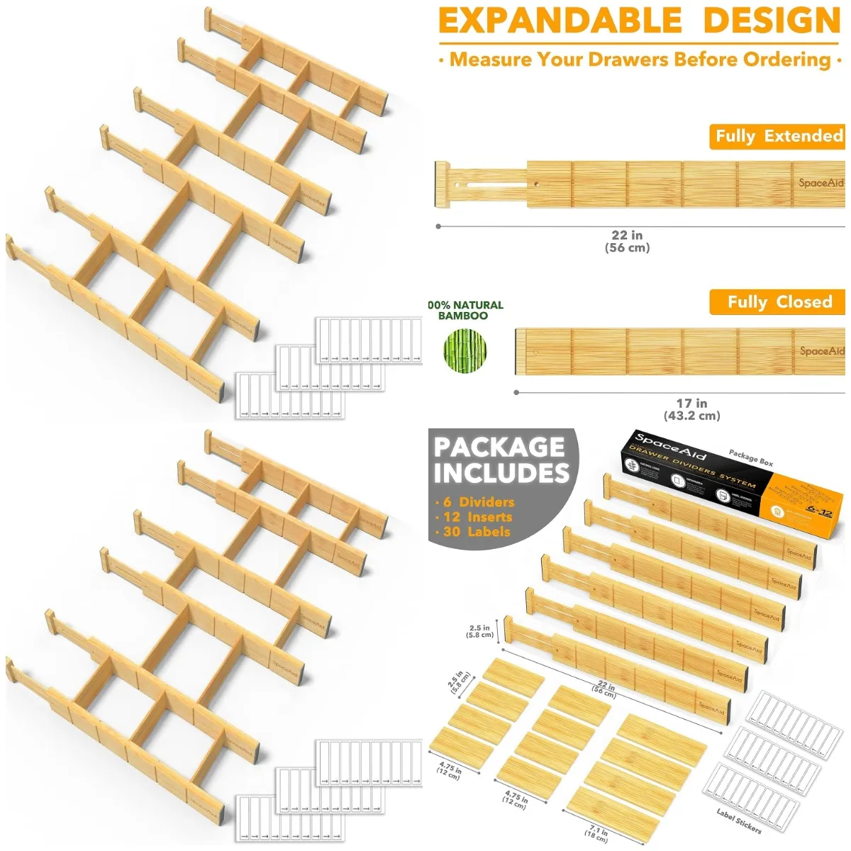 

Бамбуковые перегородки для ящиков со вставками и этикетками, регулируемые органайзеры для кухни, офиса, комодов, ванной комнаты — 6 перегородков, 12 входов