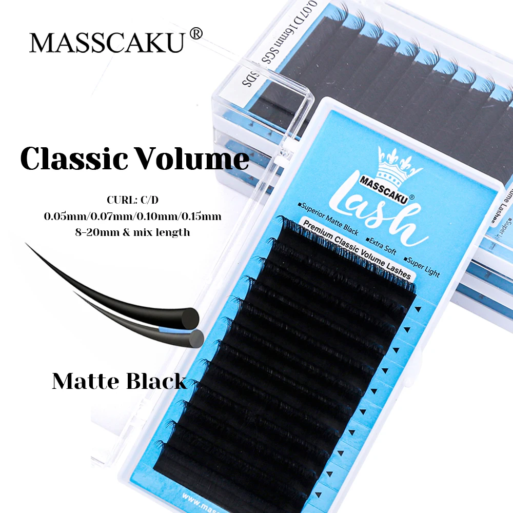 Hurtownia MASSCAKU 0.05/0.07/0.10/0.15mm Grubość Russian Volume Lash Matte Black Handmade Classic Regular Eyelash Application