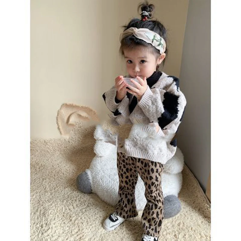 Autunno inverno moda Kawaii ragazze maglione e pantaloni leopardati due pezzi vestito manica lunga Cardigan bambini capispalla set per bambini