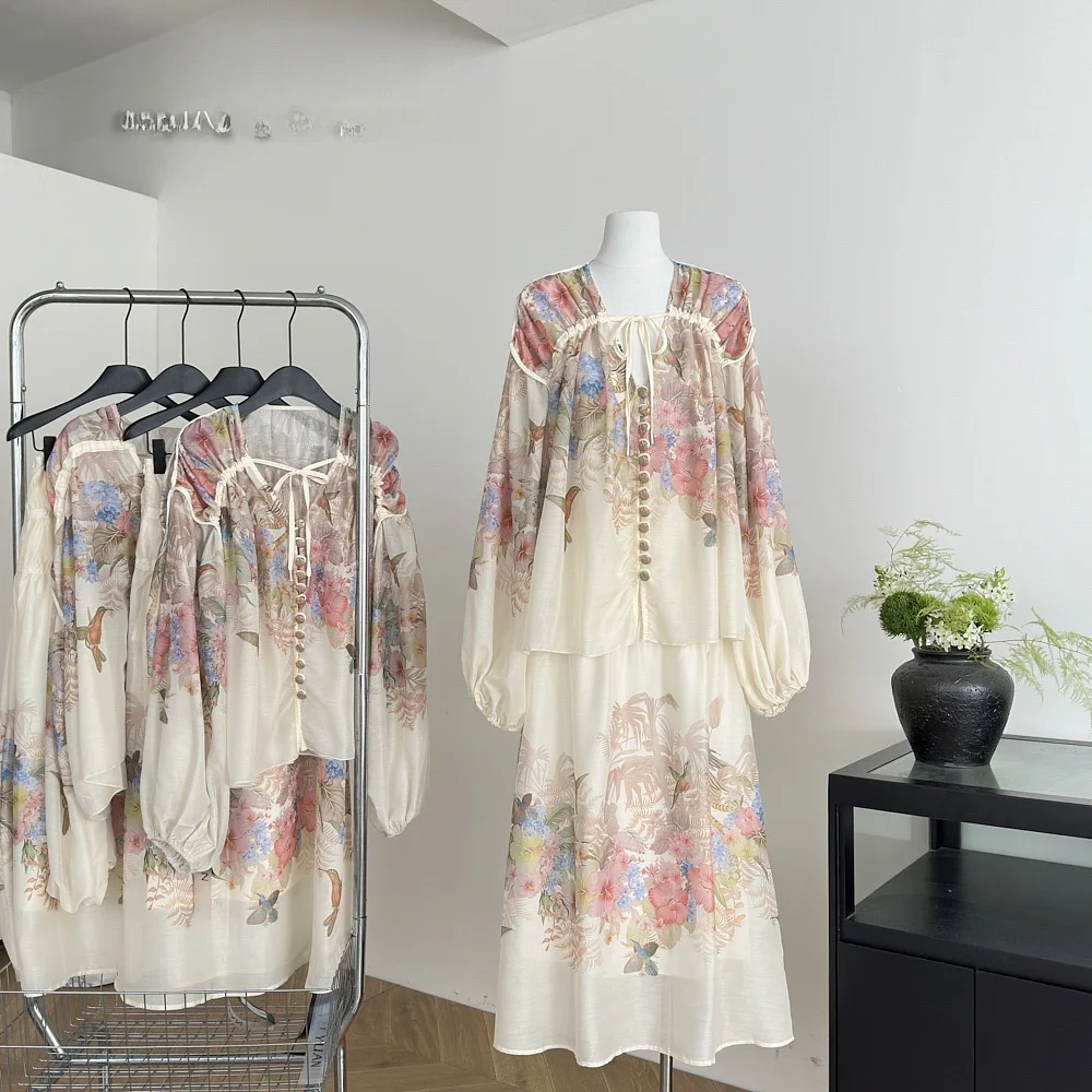 Pink Printed Shirt Half Skirt Set Drawstring Design Fashionable Women's Clothing Spring Autumn Loose Fit Princess Style