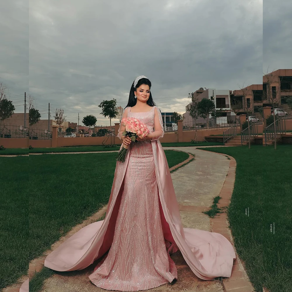 

Luxury Wedding Dresses with Sequined Beading Square Collar Illusion Sleeve for Women Mermaid Sweep Train Bridal Gown Customized