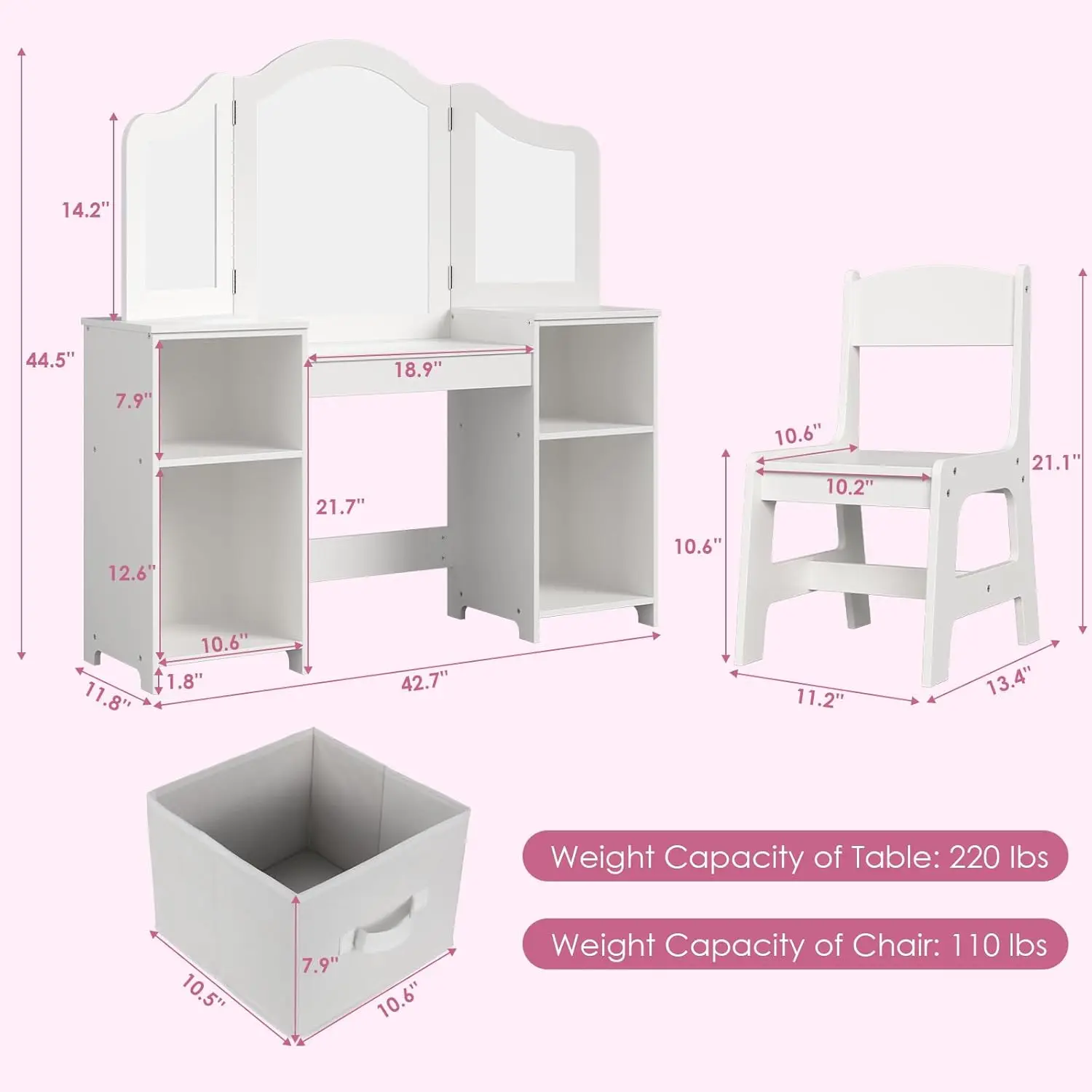 Kids Vanity Set, Princess Makeup Table and Chair, Dressing Makeup Vanity Table with Storage Cabinet, Mirror, Pretend Play Vanity