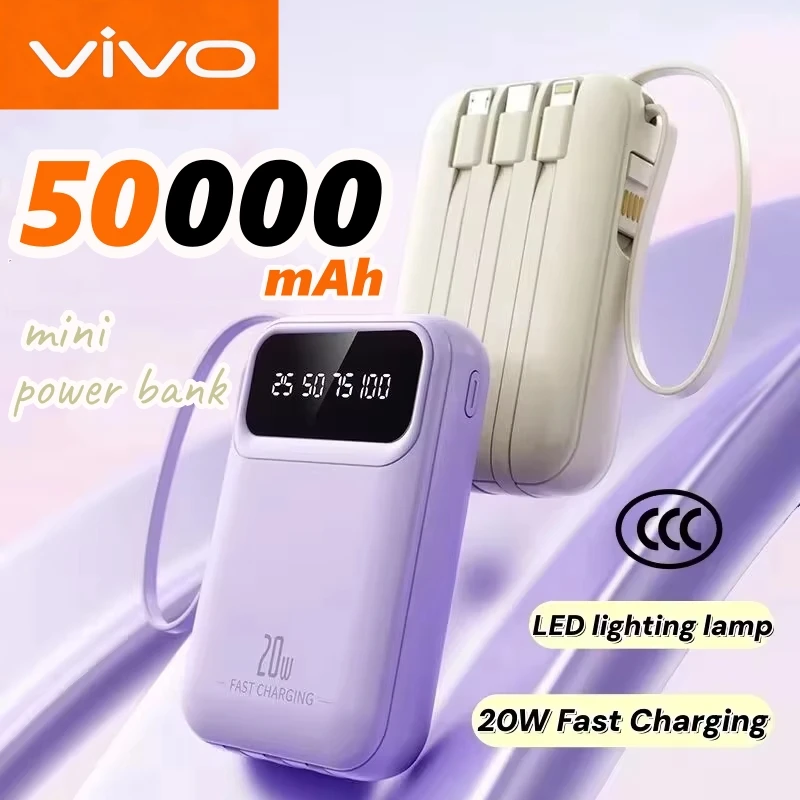 

Мини-портативный внешний аккумулятор VIVO 50000 мАч, большой емкости, с супербыстрой зарядкой, встроенными 4 проводами для iPhone и Android