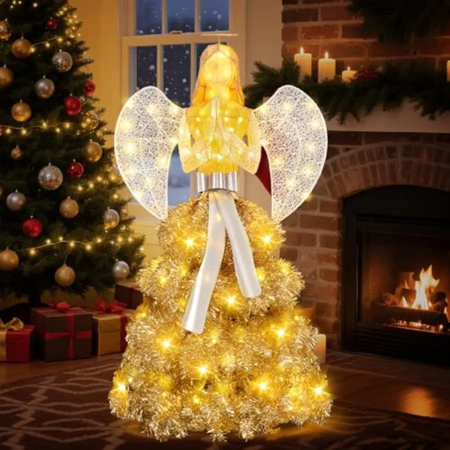 Outdoor Christmas Decoration: 5Feet Lighted Angel with 150 LED Lights, Glittered 3D Design, Warm Golden Color, Includes Ground