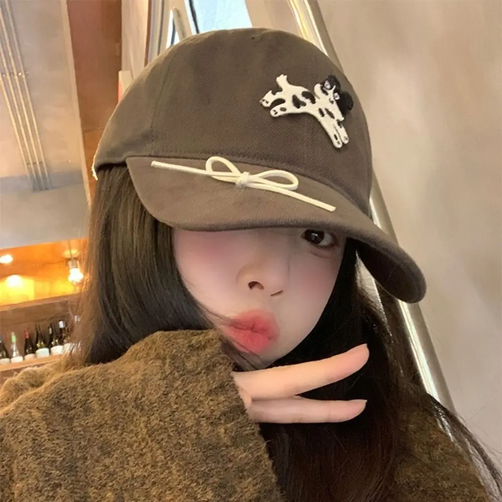 Sweet Spotted Puppy Embroidery Baseball Cap Bow Cotton Sun Hat Visors Korean Style Peaked Cap Sports