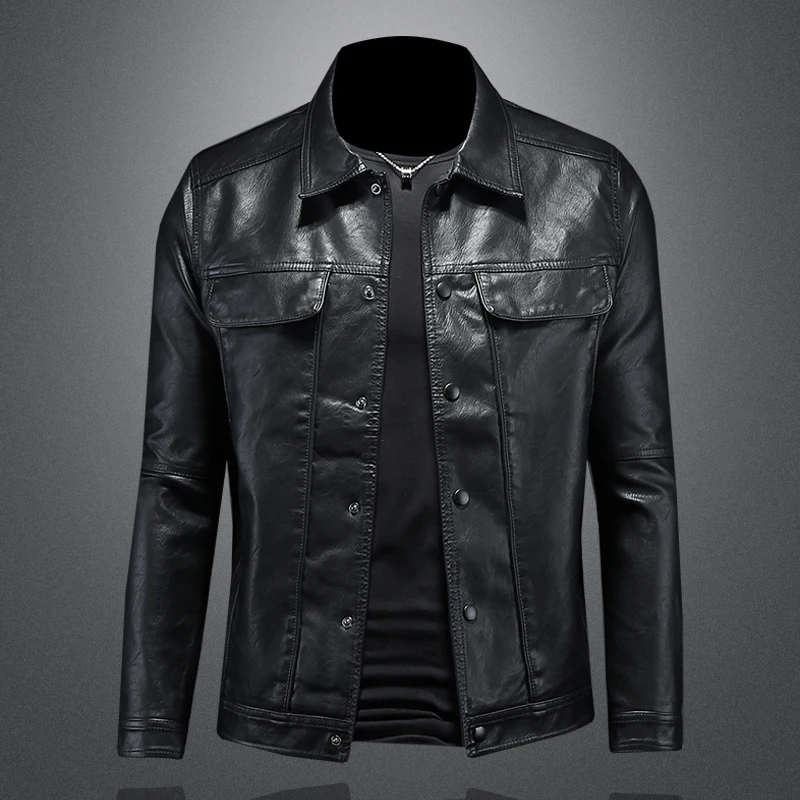 New men's leather jacket, men's lapel motorcycle leather jacket, high-quality single breasted slim fit fashionable jacket M-5XL