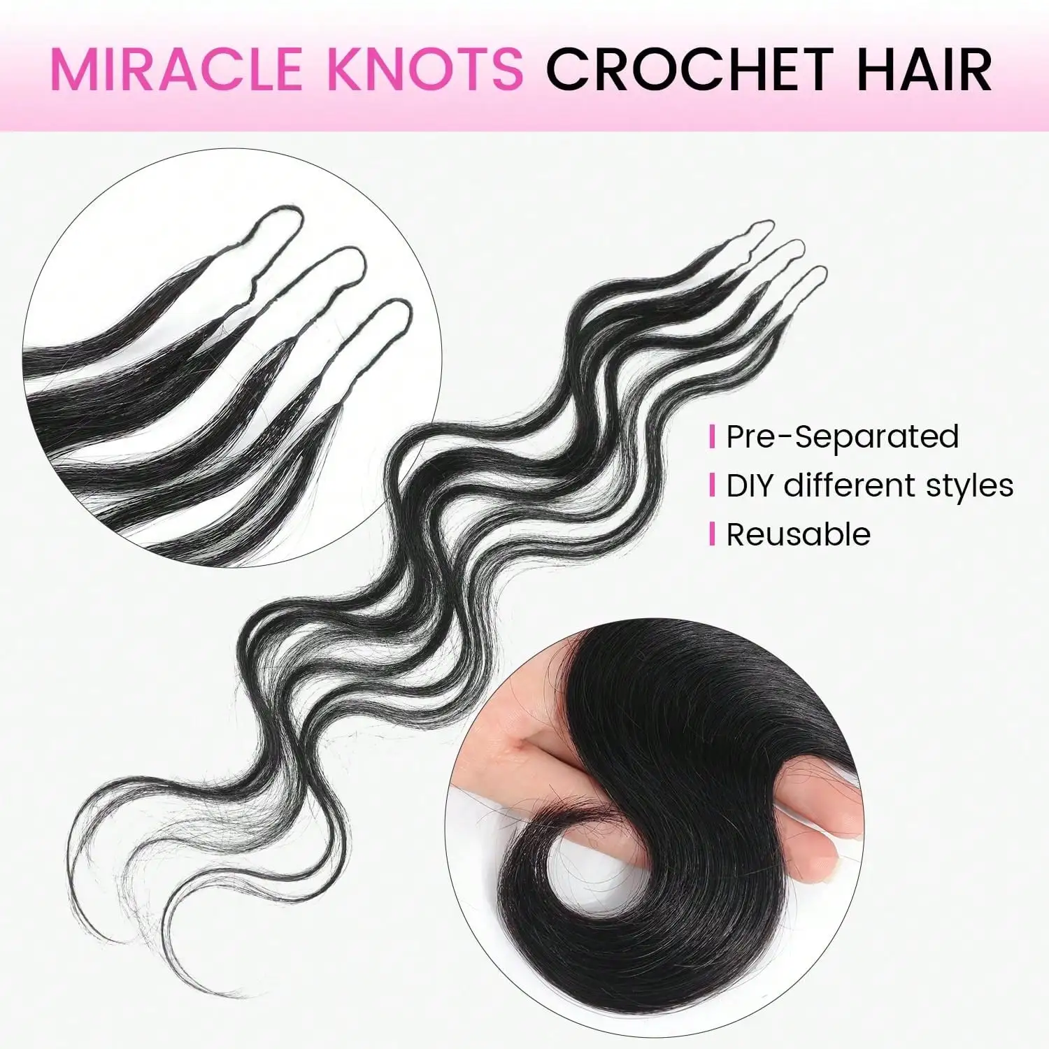 Smilegirl Body Wave Feather Crochet Human Hair Extension Syntheti Pre Separated Knotless Crochet Hair 5Packs Micro Bundles With Loop for Women 22Inch 50Strands #1B - view 7