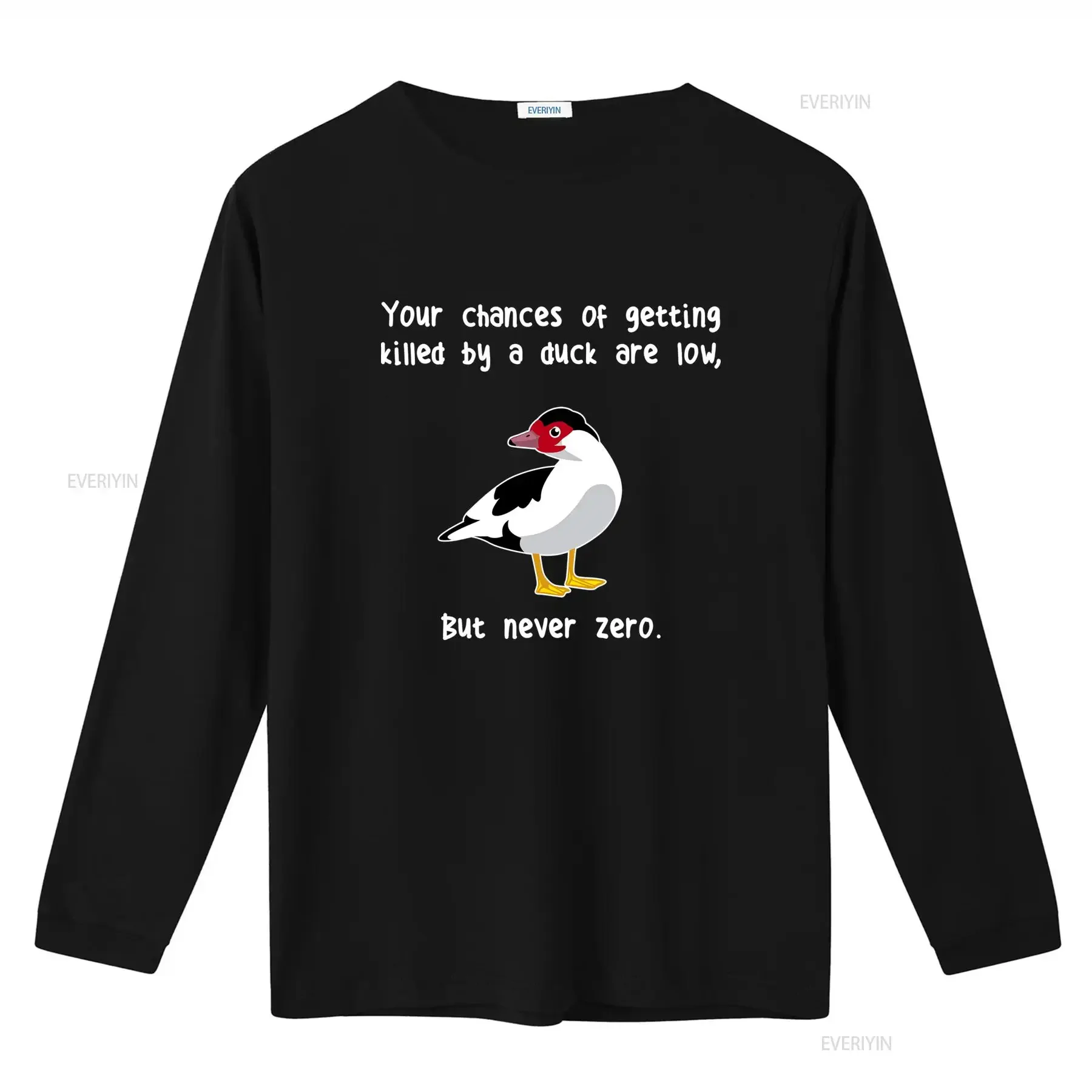 Muscovy Duck T Shirt Funny Pet Lover Design with Cute Bird Meme Your Chances of Getting Killed by a Are Low But Never Zero