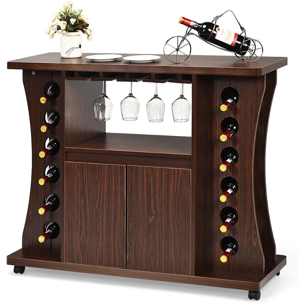 Buffet Cabinet on Wheels, Wood Wine Liquor Bar Cabinet for 12 Bottles, Glass Holder, Rolling Sideboard with Storage 2-Door Cabi