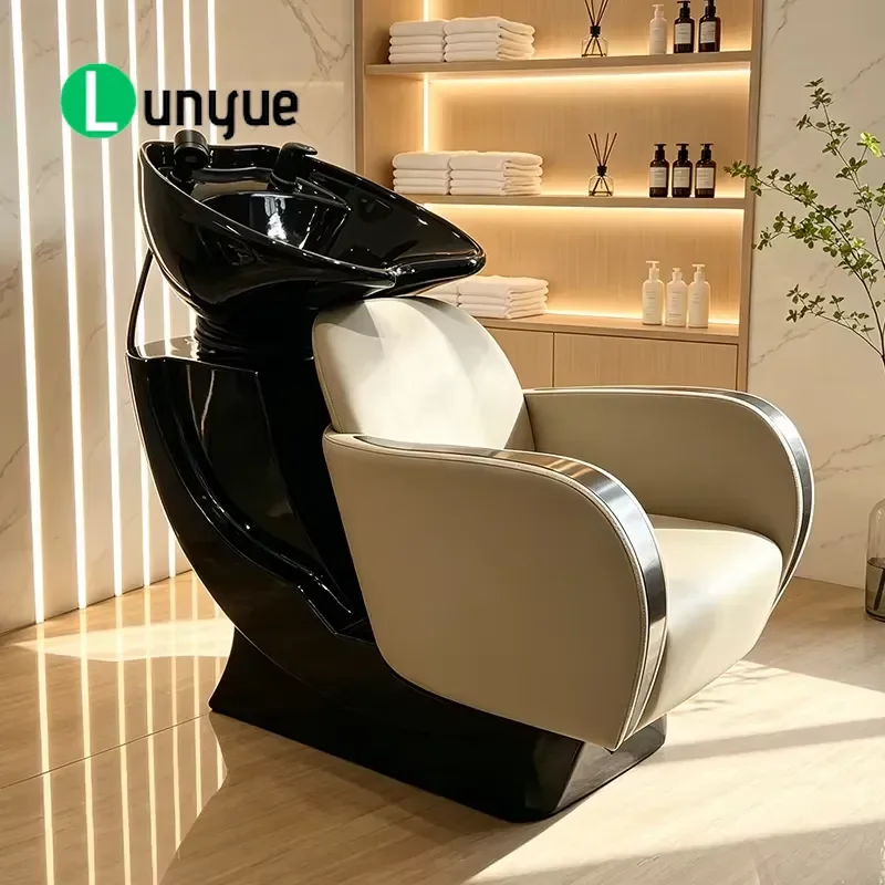 Modern Black Ceramic Basin Shampoo Chair for Barber Shop Hair Therapy Recumbent Washing Station High Quality Furniture