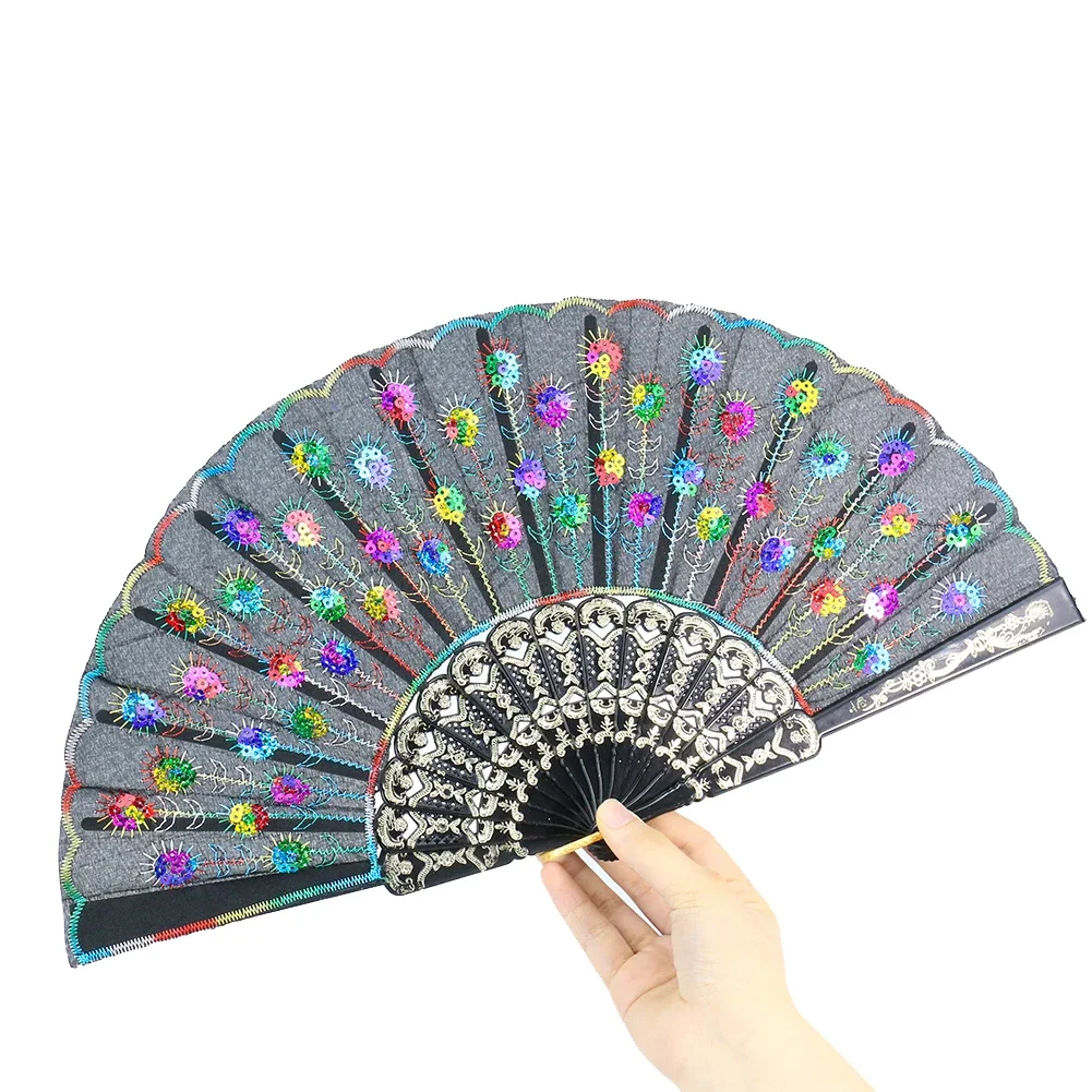 23cm Rainbow Nail Sequins Dandelion Sunflower Peacock Tail Cloth Hand Folding Stage Fan Cosplay Party Dance Props Fan Cool Tools