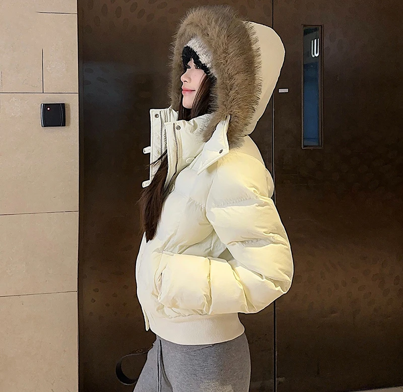 Casual Cropped Parkas Women Fashion Faux Fur Collar Hooded Puffy Coats Winter Warm Solid All Match Slim Long Sleeve Outwear Tops