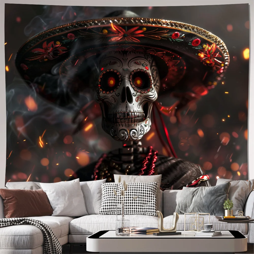 Bohemian Skeleton Sombrero Curtain Panel Art Dangling Tapestry Printed Wall Decor Mexican Gothic Style Living Room Background De