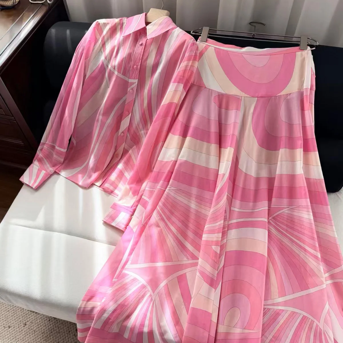 2026 New Women Geometric Print Shirt Skirt Sets Cotton Long Sleeve Button Up Blouse High Waist Long Skirt 2 Piece Outfits