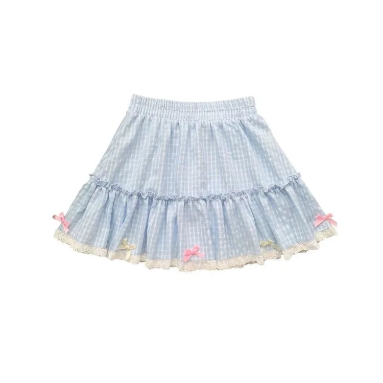 Kawaii Lolita Blue Plaid Mini Skirt Women Harajuku Y2k Aesthetic Bow Short Skirts Japanese Preppy Style Pleated Fairy Skirt 2025
