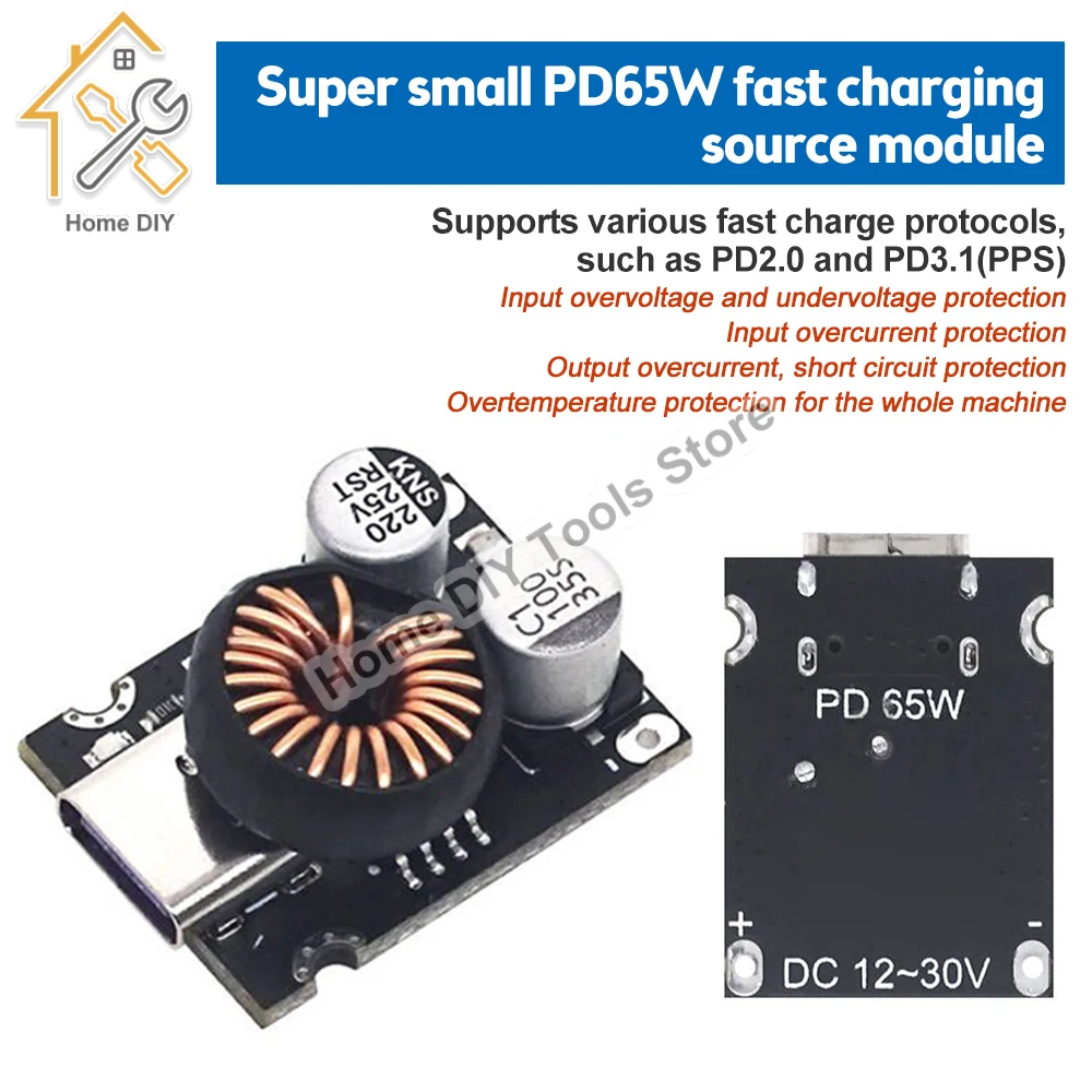 DC-DC Power Buck Module 12-30V to PD2.0/PD3.1 QC3.0 Fast Charging Single USB Charging Converter Board