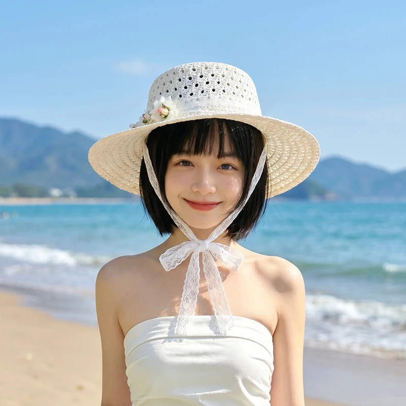 Summer Big brimmed Sunshade Hat, Women's Small Fragrant Style Lace Straw Straw Hat, Beach Vacation Sunscreen Hat