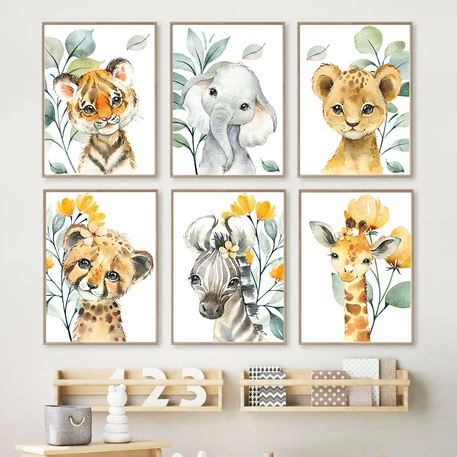 

Leopard Lion Zebra Elephant Deer Tiger Flower Wall Art Canvas Painting Nordic Posters Prints Boho Pictures Baby Kids Room Decor