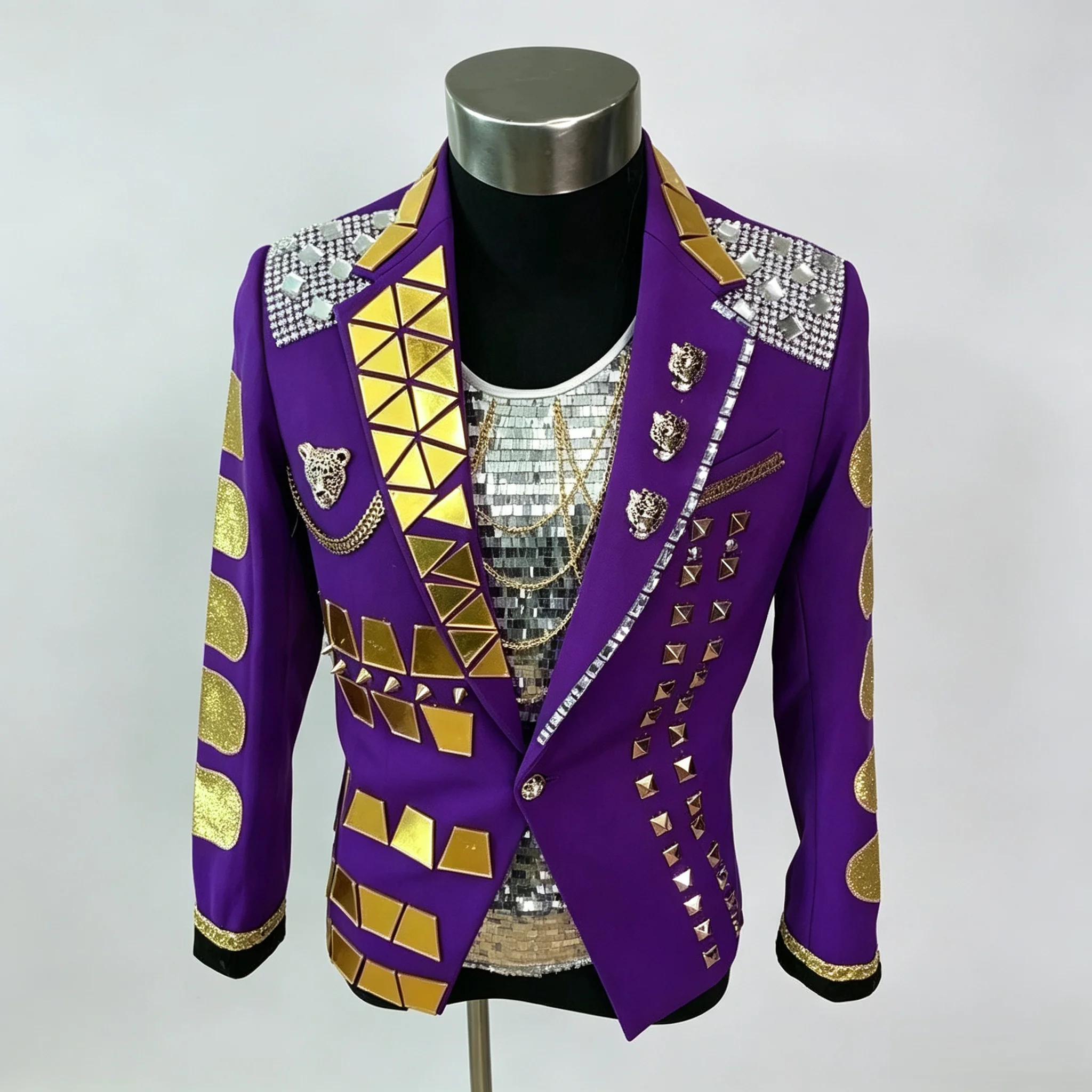 Handmade Men's Purple Blazer Gold Rivet Chian Decor Stage Suit Jacket Bar Party Singer Dancer Outwear
