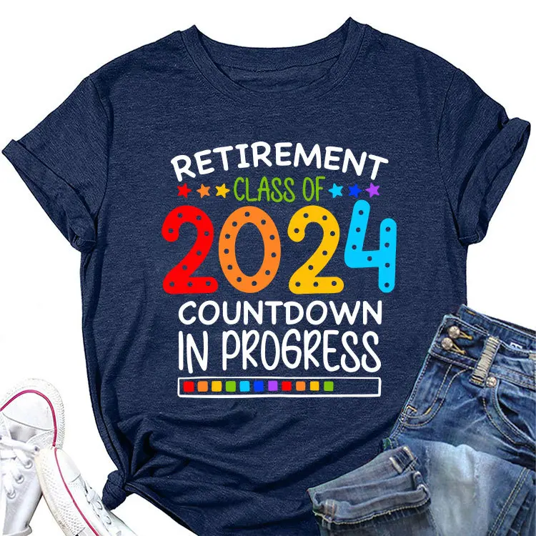 New style casual t-shirt 2024 retirees printed round collar loose short sleeve