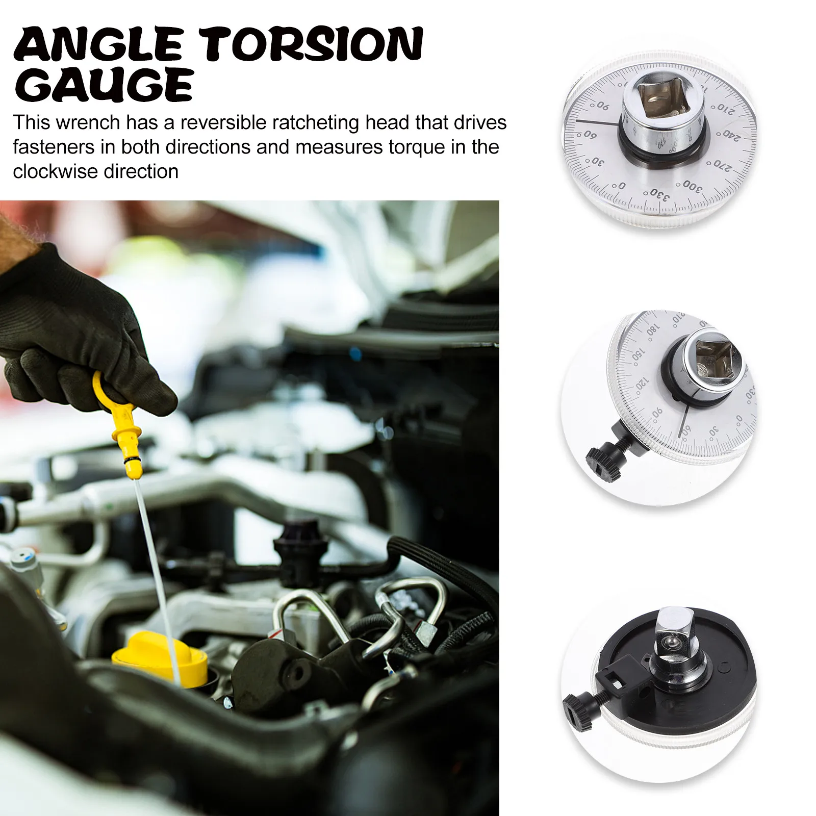 Torque Gauge Wrench Adjustable Drive Torque Angle Gauge Silver Square Hole Auto Garage Tool Hand Tools Wrench Home Shop DIY