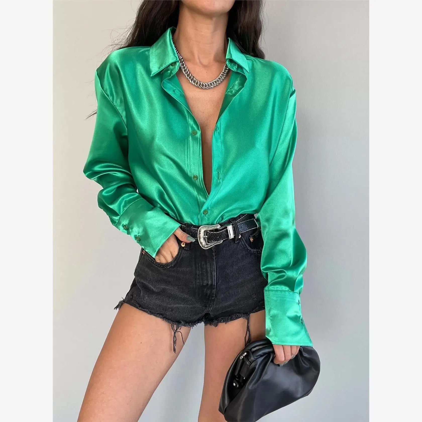 

Ele Slim Fit Long Sve irt Women's Satin Button up Collared Street Sle Cotton V Ne Regular Length Color