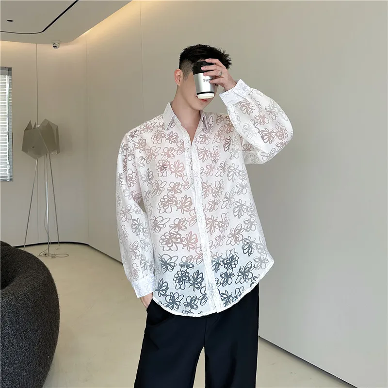 Performance shirt man Summer New Trendy Sexy Hollow Out Lace See Through Loose Casual Shirt Unisex Music Festival Streetwear