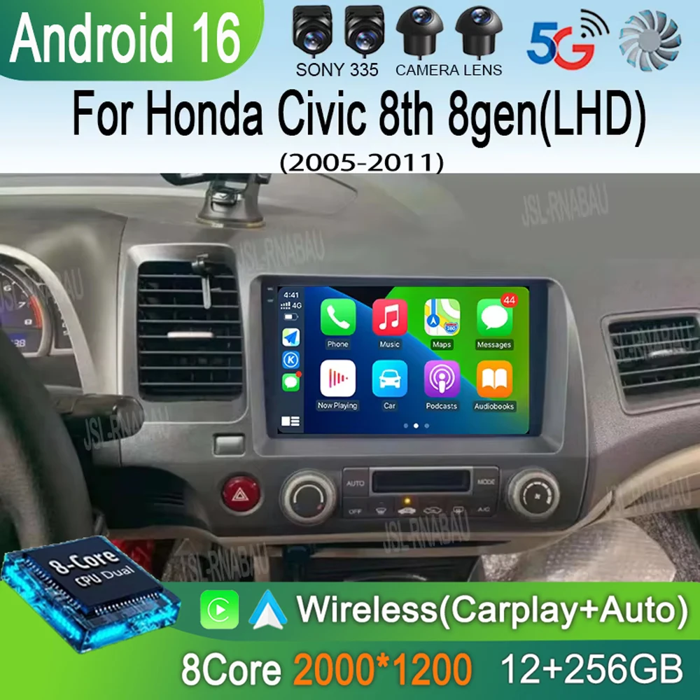 

Автомагнитола Android 16 для Honda Civic 8-го поколения (2005-2011) с мультимедиа, беспроводным CarPlay и Android Auto