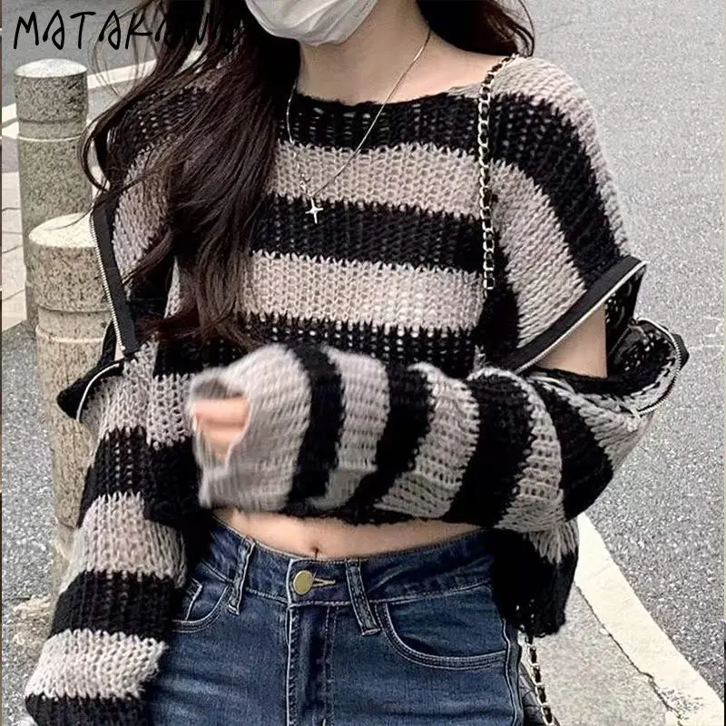 Matakawa Y2k Autumn Winter Clothes Women Striped Harajuku Vintage Autumn Winter Pull Femme Contrast Color Zipper Pullovers