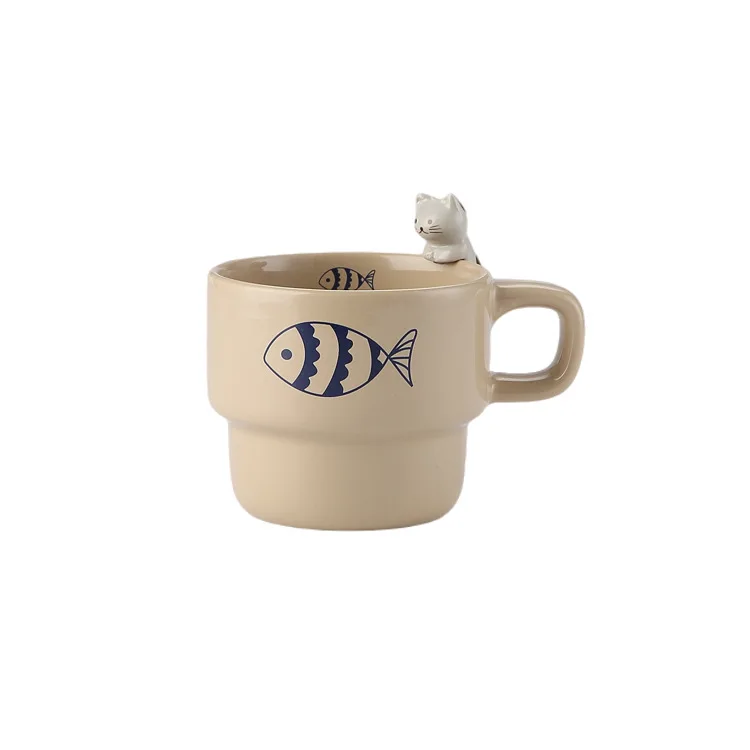 Japanese Cute Cat Coffee Cup Hand Drawn Ins High Aesthetic Ceramic Creative Three-dimensional Household Water Cup Hanging Tea