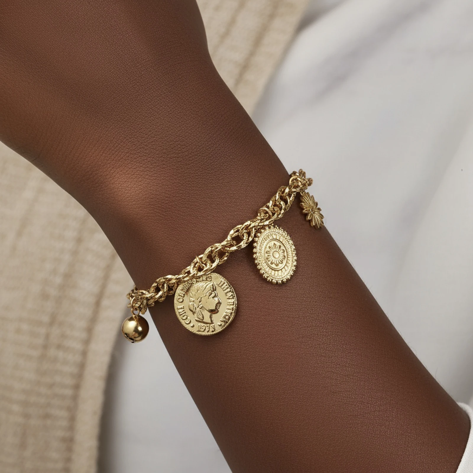 

Golden Tone Stainless Steel Vintage Coin and Sun Charm Bracelet for Women