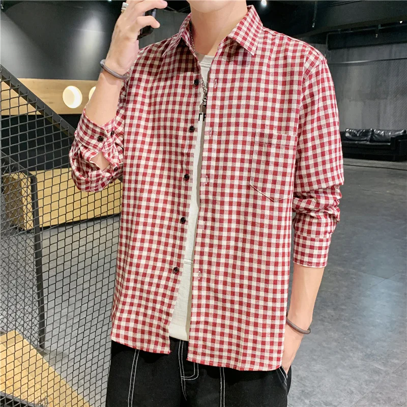 2024 Spring Fashion New Men's Simple Checkered Long sleeved Shirt Korean Edition Fashion Versatile Small Checkered Shirt Street