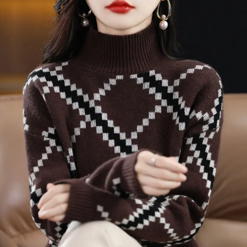 2022 Vintage Female Clothing Argyle Printed Fashion Geometric Spliced Sweaters Autumn Winter All-match Half High Collar Jumpers