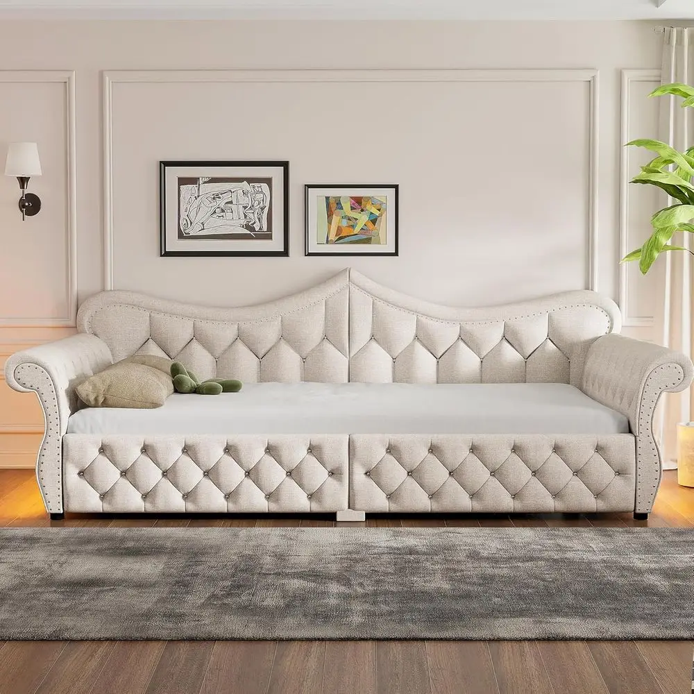 

Convertible Daybed with LED Lights, Diamond Stitch, Rolled Arms & Nail Trim, Beige, Space-Saving Sleeper for Living Room