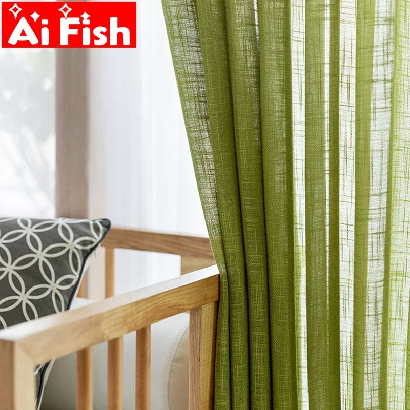 

American Country Style Green Cotton Flax Curtain Sheer Fbrics Window Treatment Curtains For Living Room Cortina Tulle Decor