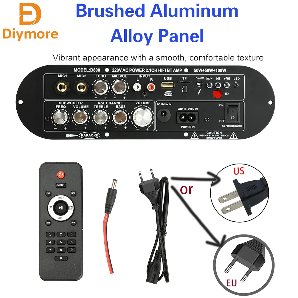 

DC 12-19V/AC 110-220V 2.1-channel D800 Bluetooth Digital Audio Amplifier Board 50W+50W+100W High-Power Output EU/US