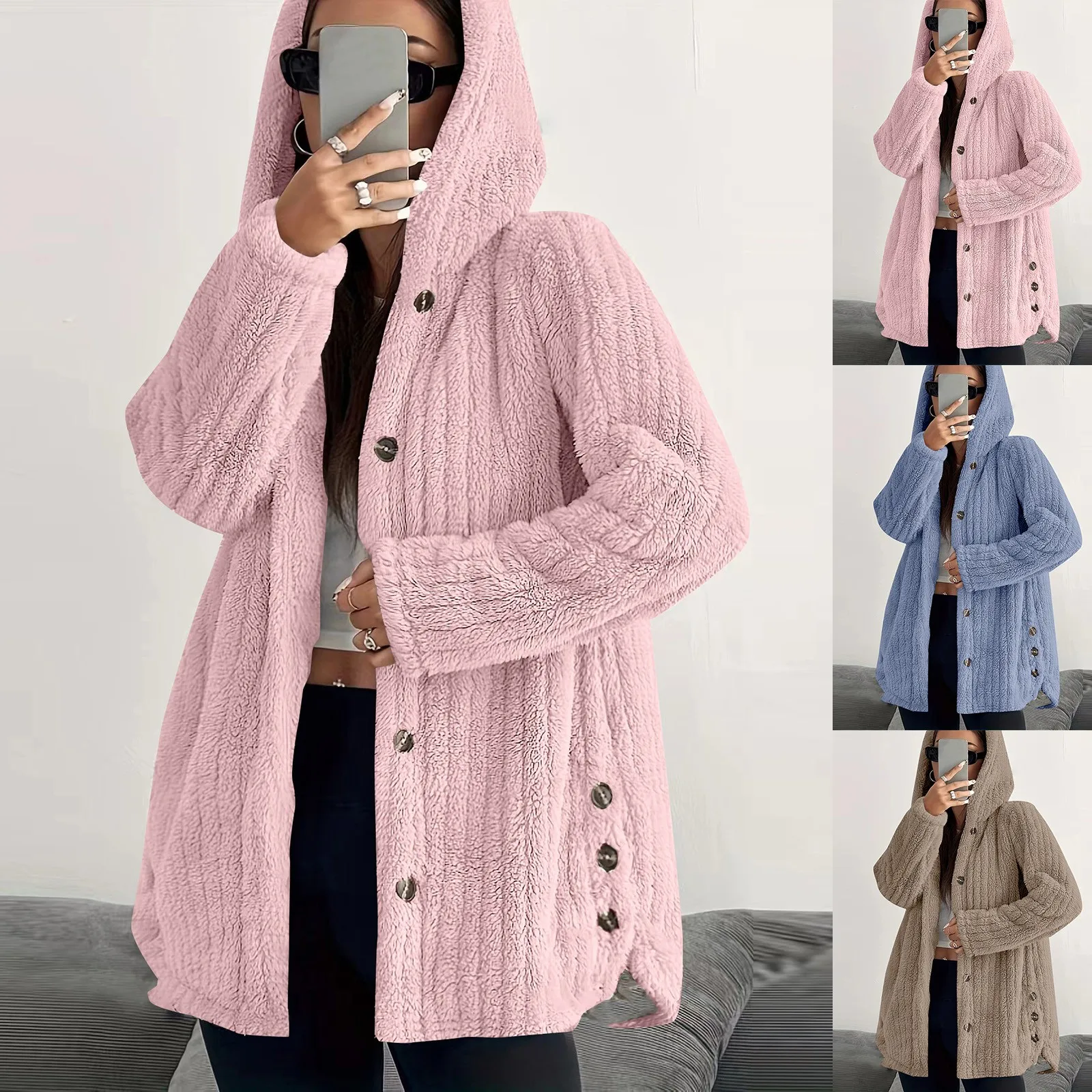 Button Hooded Jacket Plush Top Irregular Trendy Brand Solid Color Jacket For Women Feather Coats Parkas Women'S Coat Winter Jack