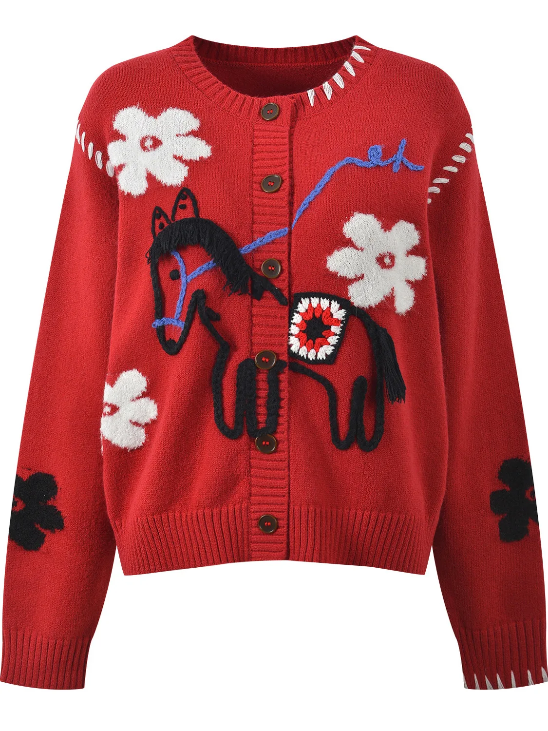 

Red Knitted Cardigan round Ne Single Button Design Sensation Year Children's Fun Pattern New Year's Special Top for W...