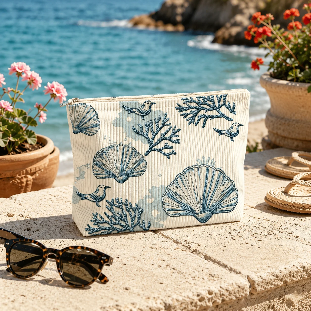 Seashell Bird Print Corduroy Makeup Bag, Large Zipper Cosmetic Pouch Travel Toiletry Organizer for Women Beach