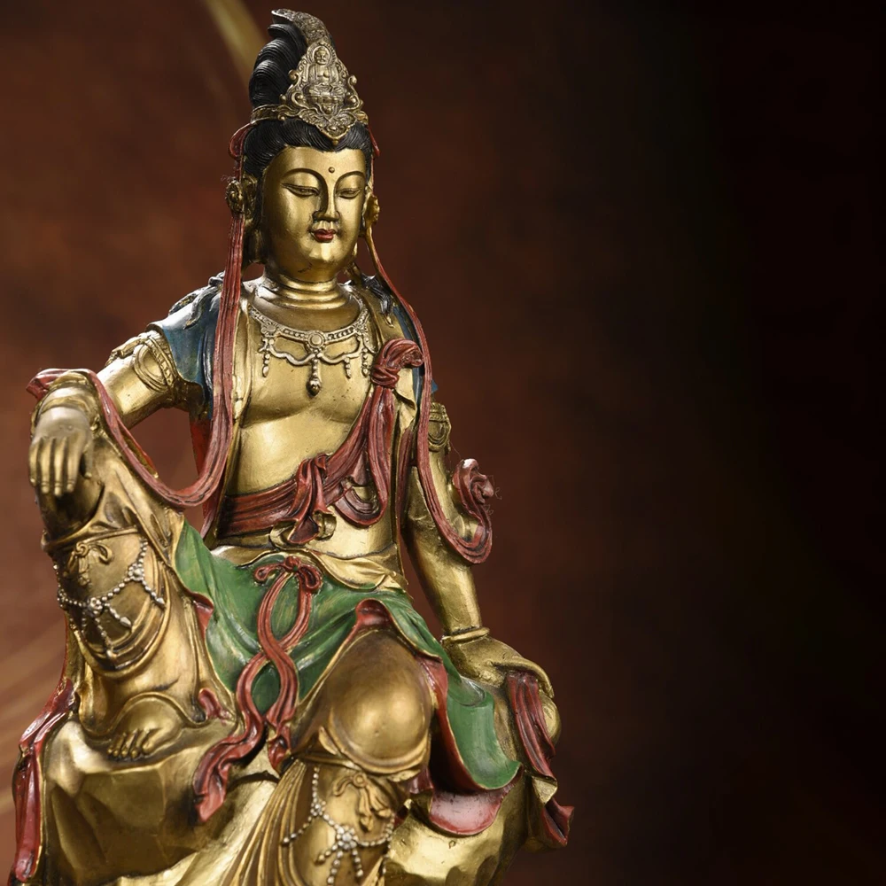 Free Spirited Guanyin Brass Buddha Statue Pure Copper Gilt Painted Handmade Antique Home Altar Decor