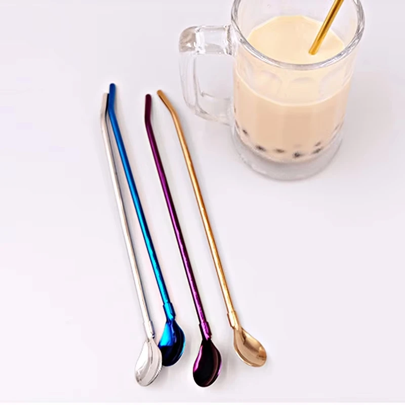 Multicolored Coffee Spoon Stainless Steel Pipette Straw Fruit Milk Tea Drink Long Handle Metal Mixing 10pc/lot