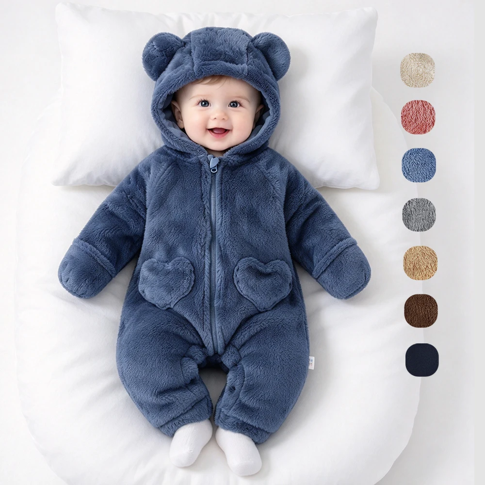 Baby Romper with Bonnet Winter Fluffy Infant Girls Clothes Pink Blue White Toddler Boy Onesie 0 to 12M Warm Baby Onesie Costume