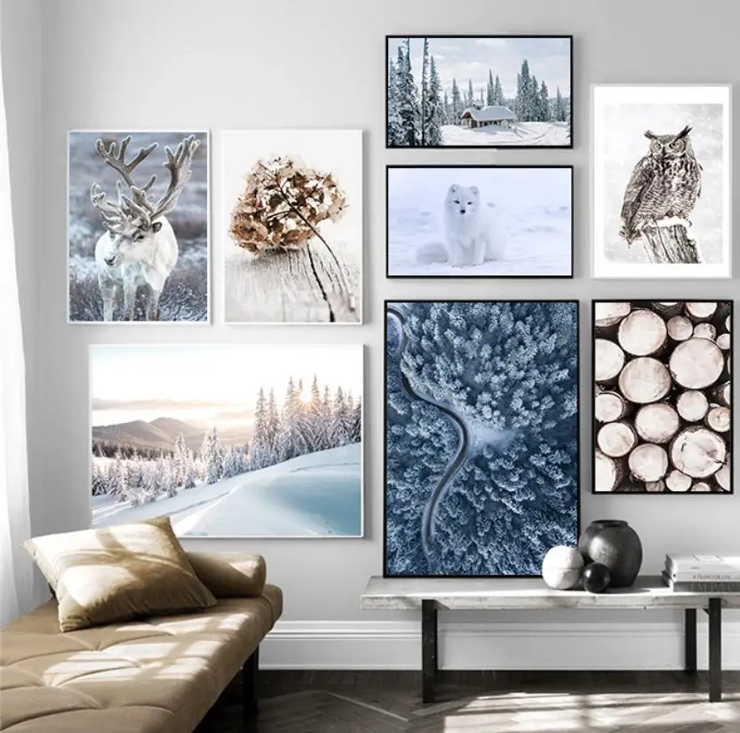 Deer Forest Flower Lake Snow Owl Landscape Winter Wall Art Canvas Painting Nordic Posters And Prints Wall Pictures Home Decor