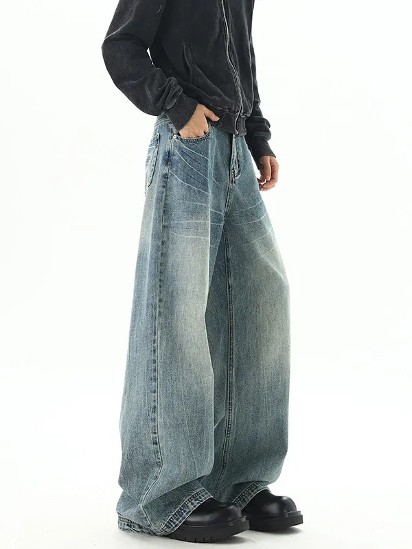 

TANGZ Studio American Washed Loose Straight Leg Jeans Casual Versatile Long Pants High Street Style Men's Cotton Denim