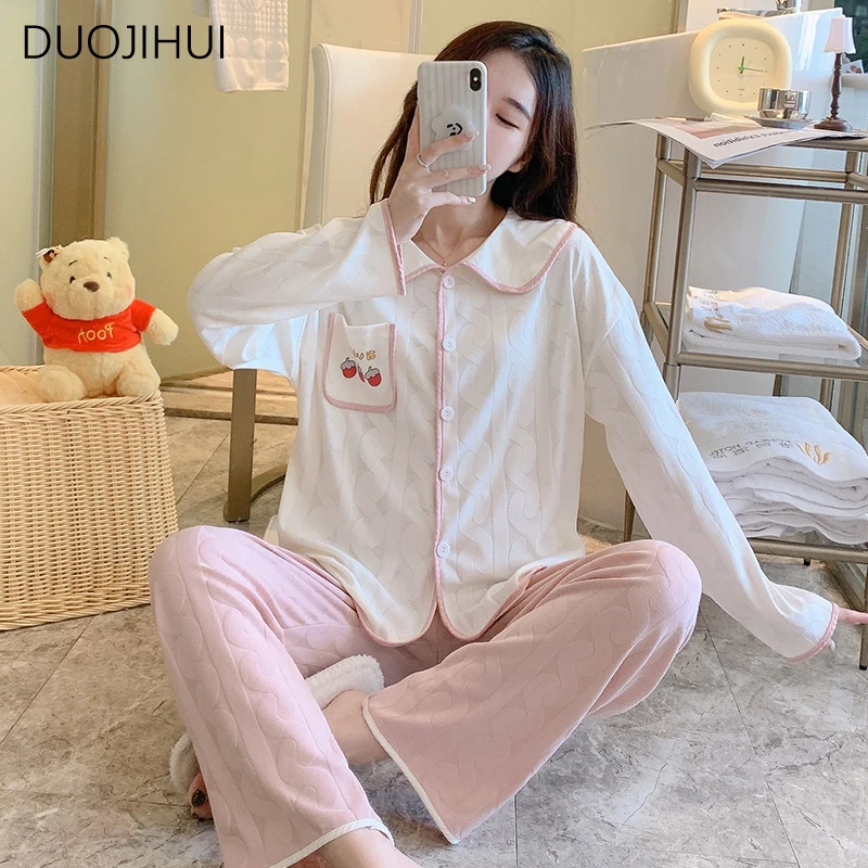 DUOJIHUI Autumn Two Piece Sweet Loose Female Pajamas Set Chic Button Cardigan Simple Pant Fashion Casual Home Pajamas for Women