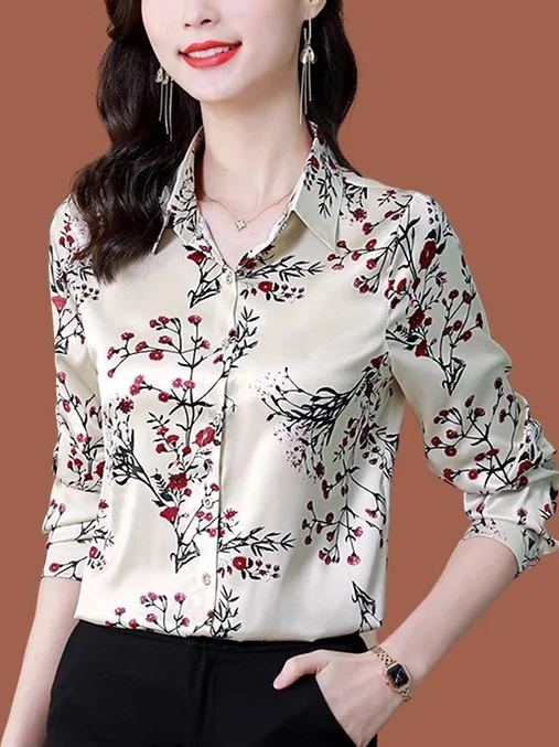 Silk Ladies irt Mom's True Silk Women's irt Silk Faionable Indoor Wear Top Commute Sle Long Sve Collar